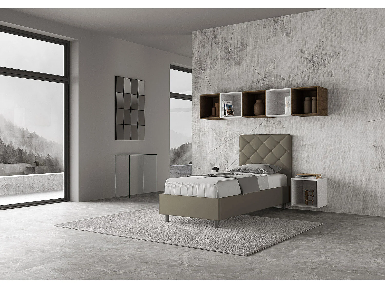 Cama contenedor tapizada Priya capuchino símil piel 90x200