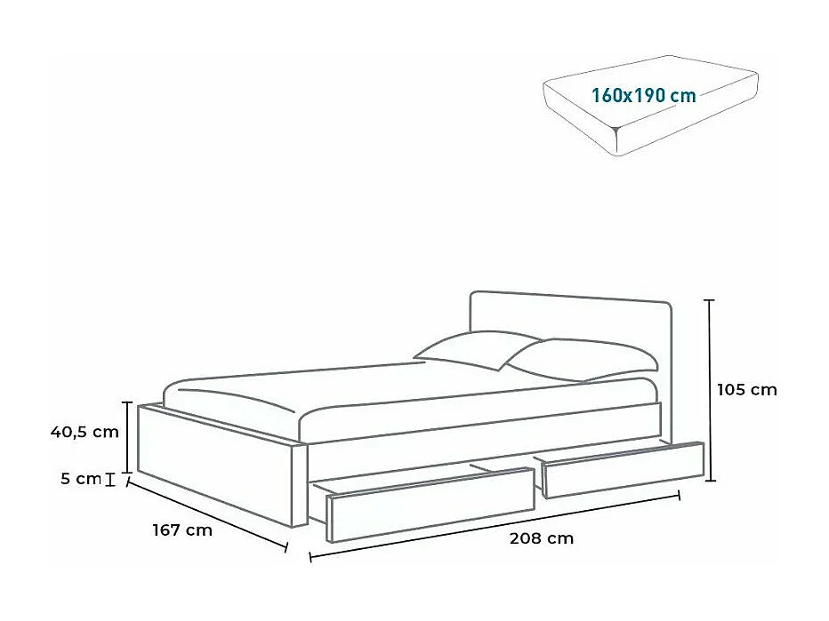 Letto matrimoniale 160x190 2 posti LED con contenitore e doghe Aura