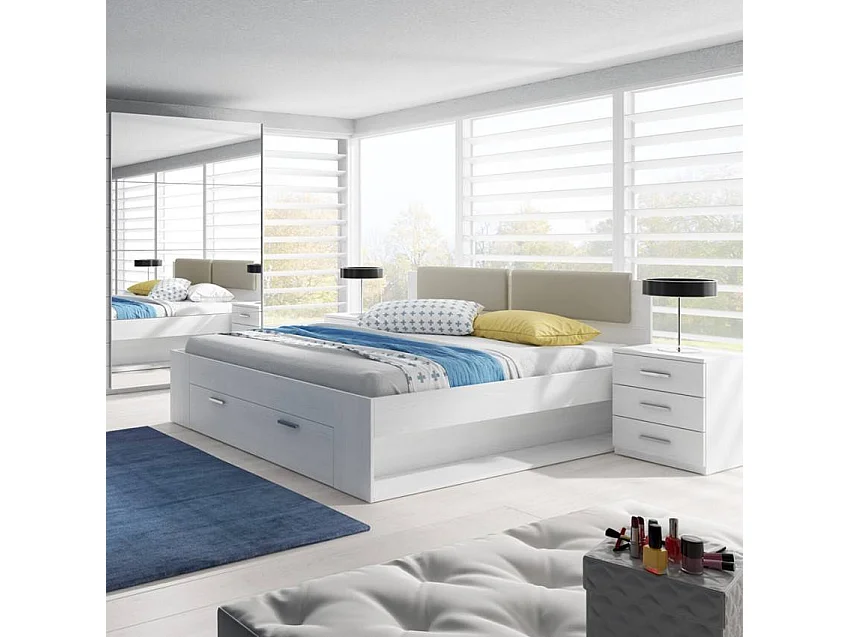 Cama con almacenamiento de plaza y media francesa 140x200cm color roble claro Gany