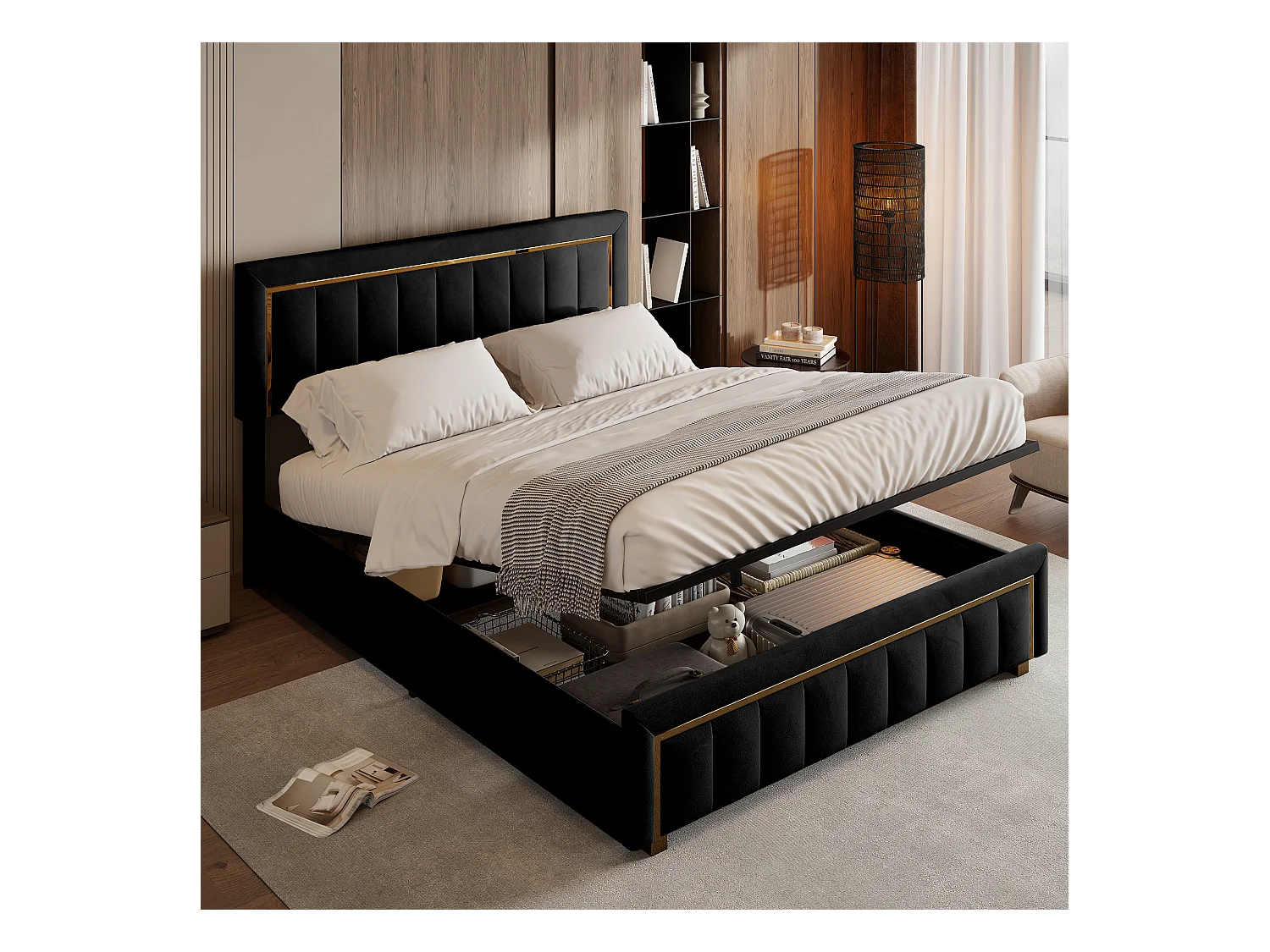 lit double rembourré 160 x 200,lit coffre avec sommier,lit adulte 160 x 200 avec levier hydraulique,velours,noir