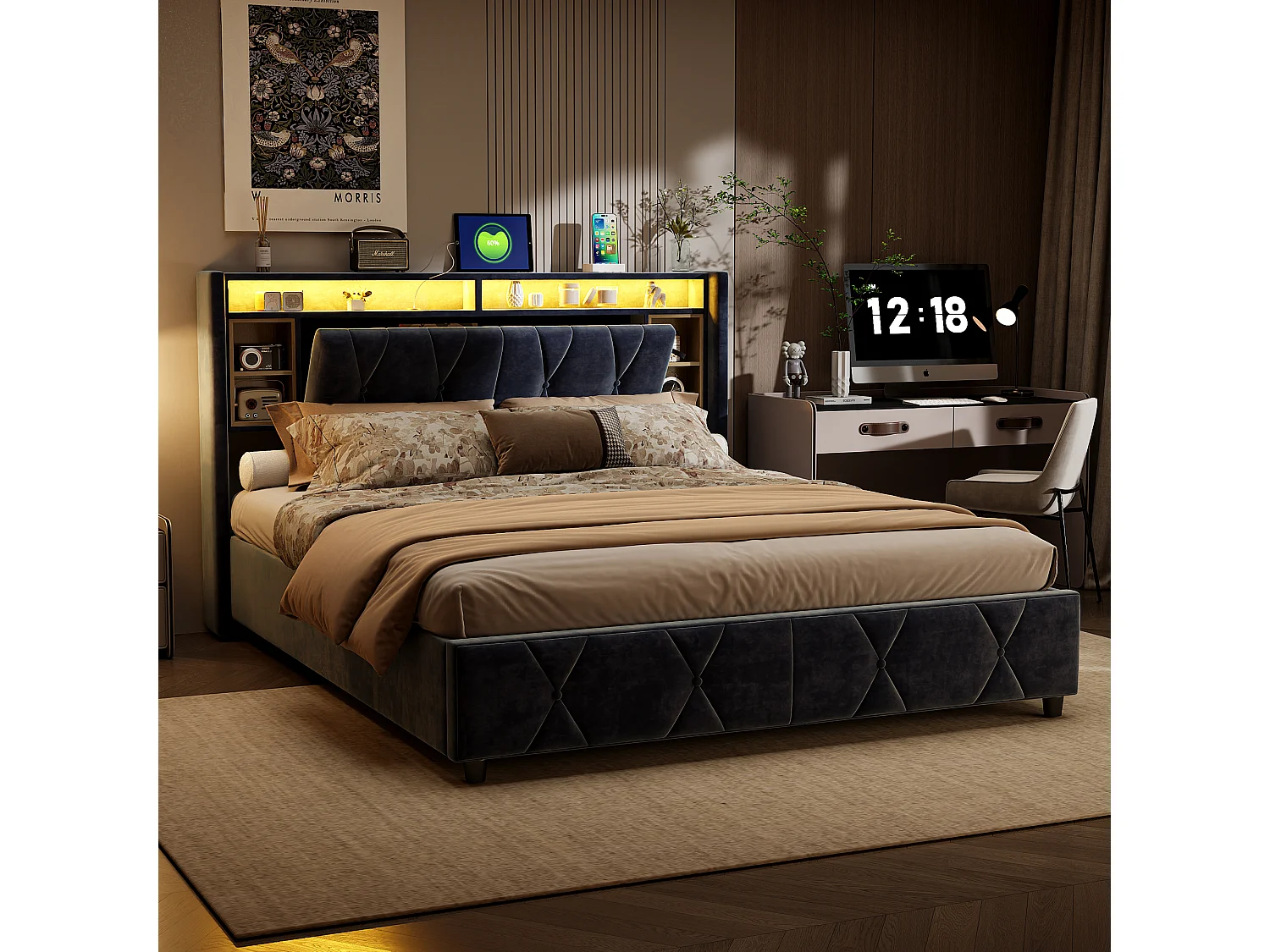 Lit coffre Lit double 160×200cm avec rangement, éclairage LED avec chevet + port USB*2, lit capitonné, lit adulte, velours gris