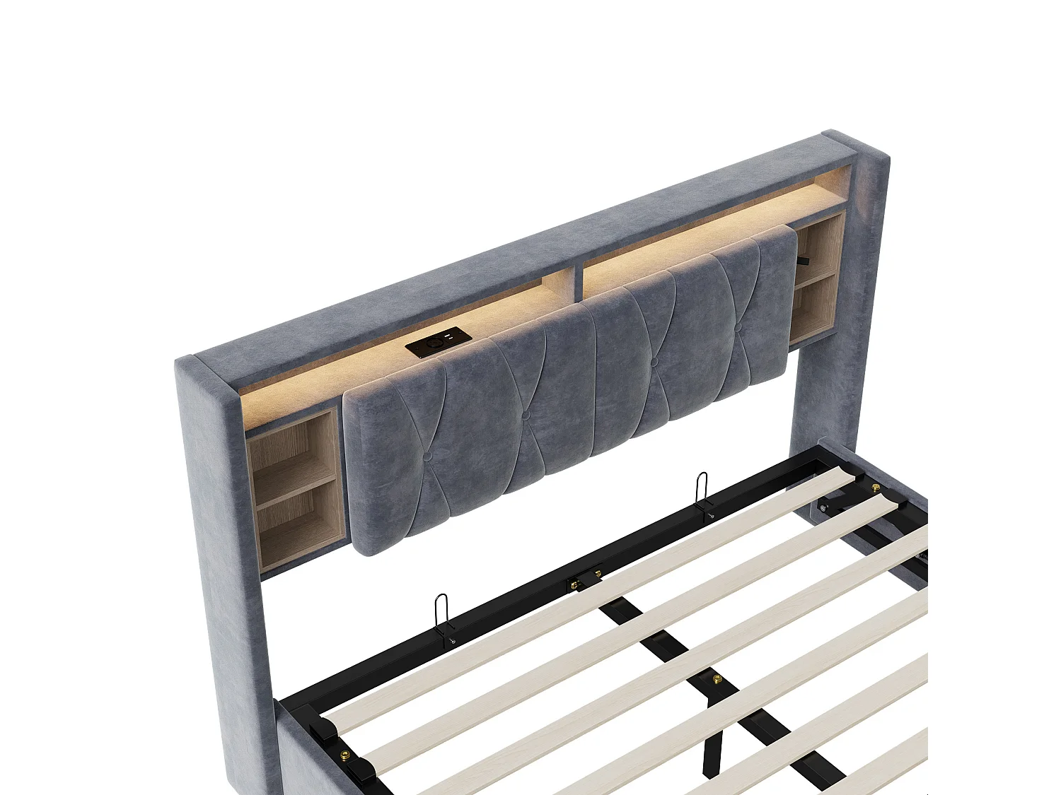 Lit coffre Lit double 160×200cm avec rangement, éclairage LED avec chevet + port USB*2, lit capitonné, lit adulte, velours gris