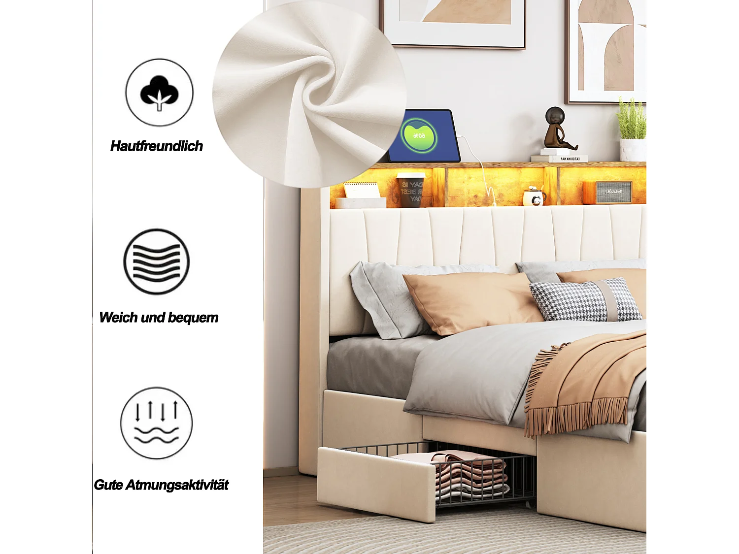 Lit double 160x200 cm en velours beige avec éclairage LED, ports USB & Type-C, et 4 tiroirs de rangement en métal – Lit moderne pour adulte et adolescent