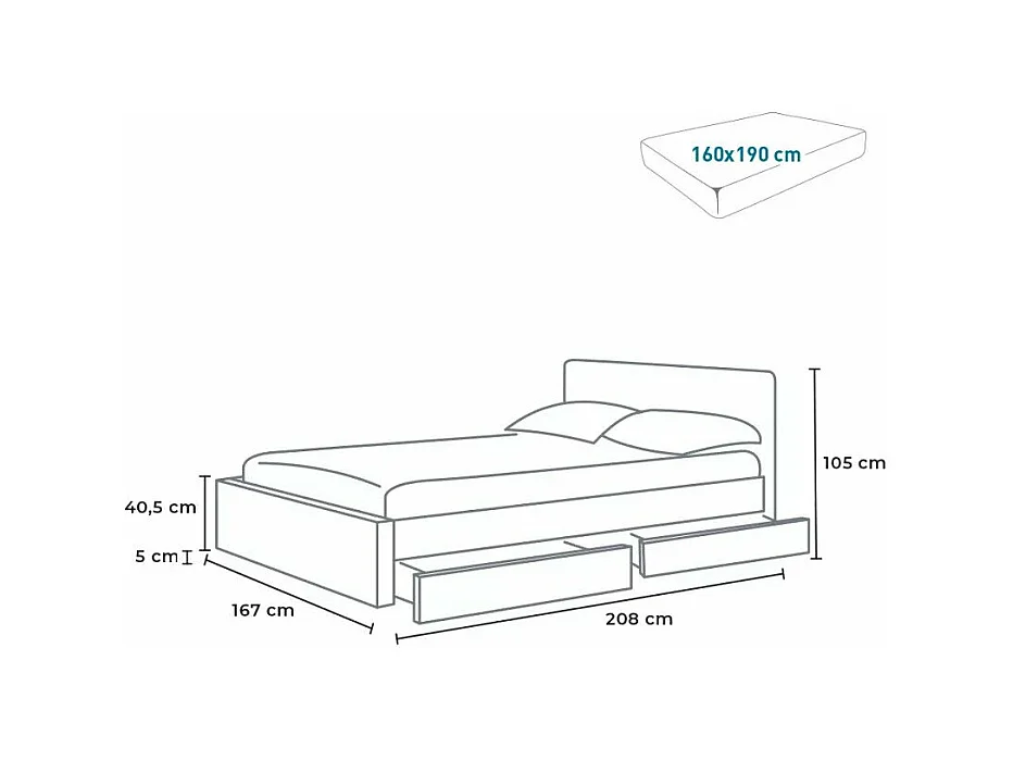 Letto matrimoniale 160x190 2 posti LED con contenitore e doghe Aura