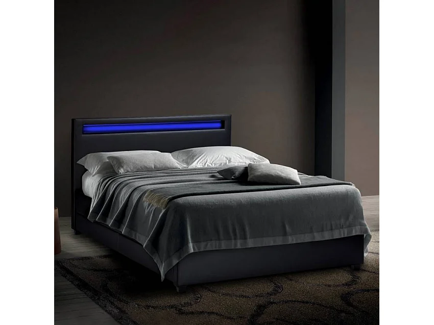 Letto matrimoniale 160x190 2 posti LED con contenitore e doghe Aura