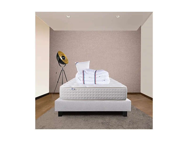 Ensemble Matelas Purlux, 26 cm, mousses haute densité, ferme, face été/hiver + sommier gris ep20cm + oreiller + couette, 90x190cm