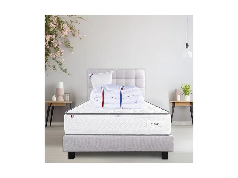 Ensemble Complet Matelas Iris (20 cm) ferme, Sommier gris(20cm) , Tête de lit, Oreiller et Couette, 90x190cm