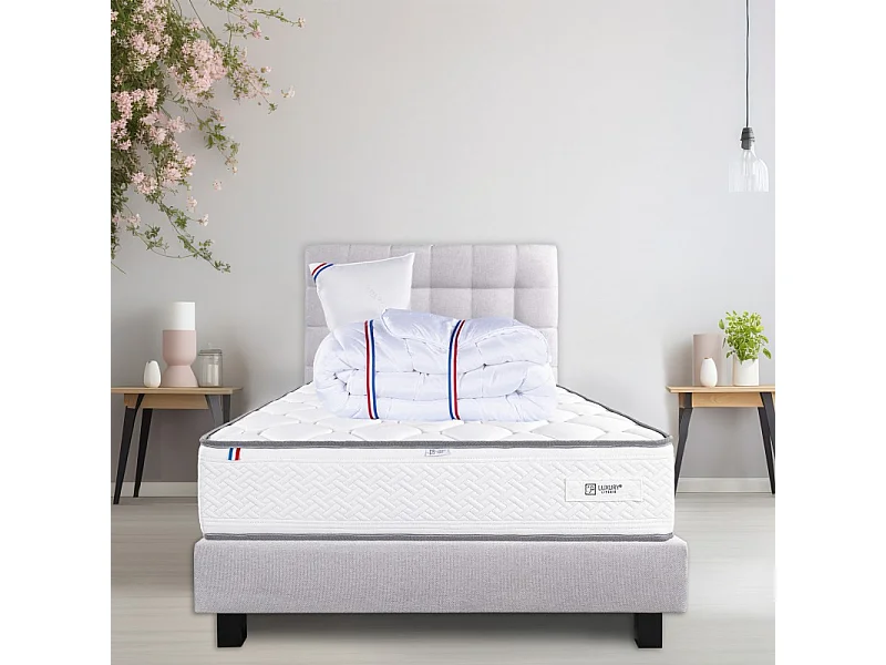 Ensemble Complet Matelas Iris (20 cm) ferme, Sommier gris(20cm) , Tête de lit, Oreiller et Couette, 90x190cm