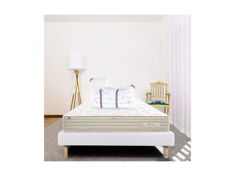 Ensemble Matelas Sublime, 20 cm, mousses haute densité, ferme, face été/hiver + sommier blanc ep 13cm + oreiller + couette, 140x190cm