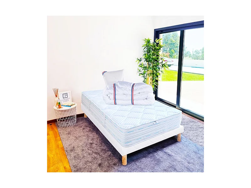 Ensemble Matelas Thermotec (24 cm), ferme, face été/hiver, Sommier(13cm),Couette, Oreiller, 90x190cm