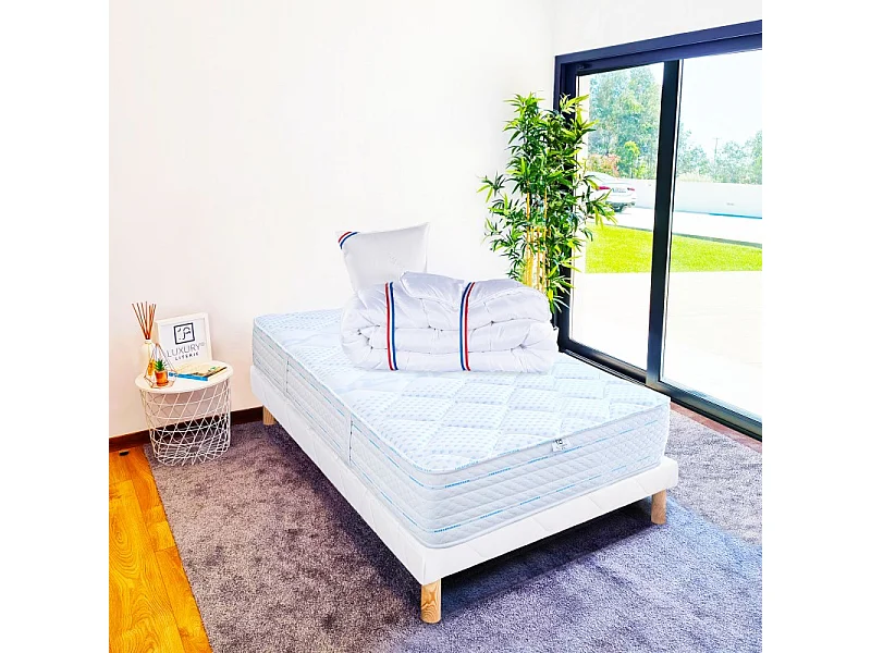 Ensemble Matelas Thermotec (24 cm), ferme, face été/hiver, Sommier(13cm),Couette, Oreiller, 90x190cm