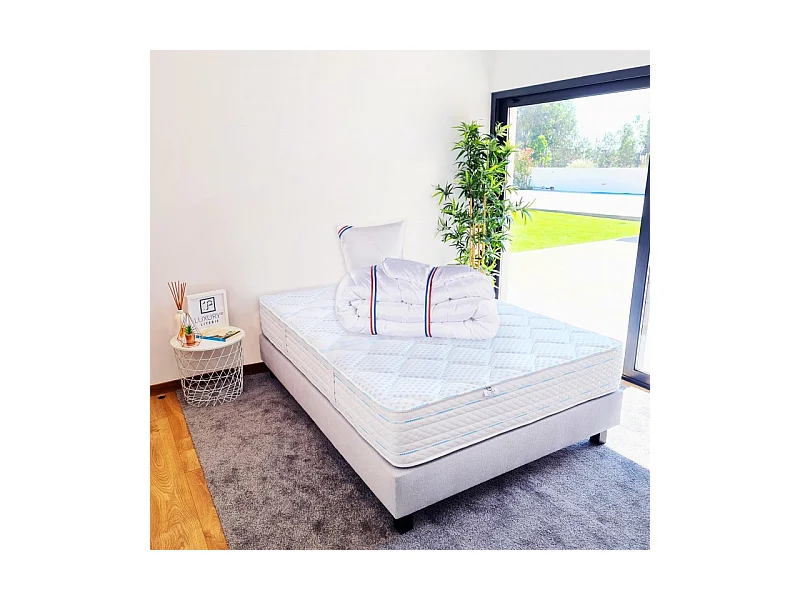Ensemble Matelas Thermotec (24 cm), ferme, face été/hiver,Sommier (20cm), Couette et Oreiller, 90x190cm