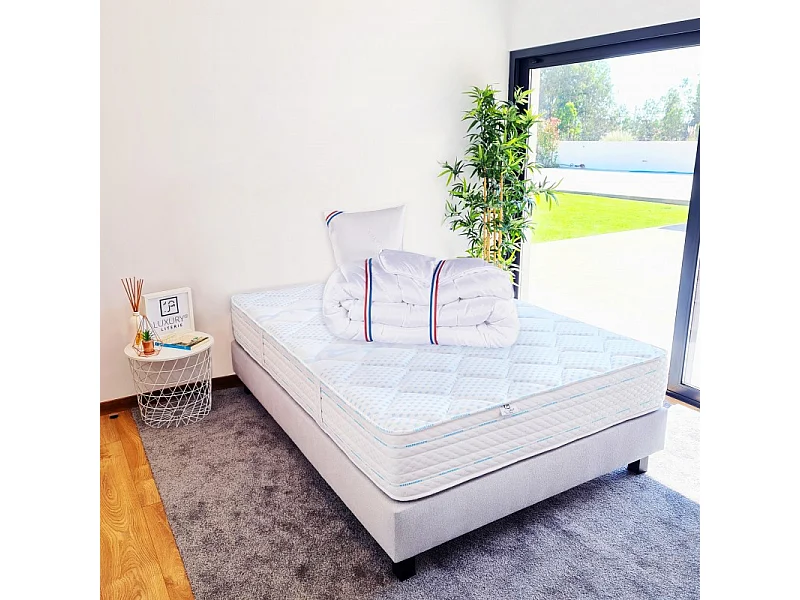 Ensemble Matelas Thermotec (24 cm), ferme, face été/hiver,Sommier (20cm), Couette et Oreiller, 90x190cm