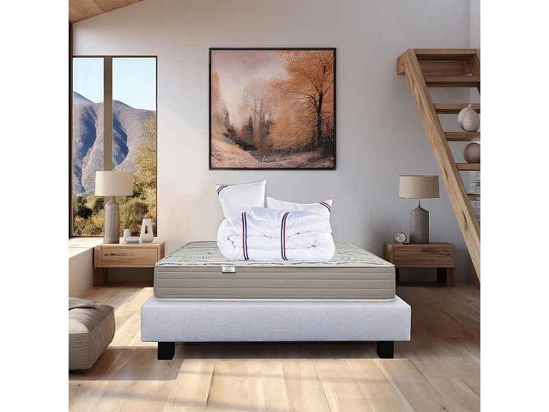 Ensemble Matelas Organic Cotton, 24 cm, mousses haute densité, ferme, face été/hiver + sommier gris ep20cm + oreiller + couette, 140x200cm