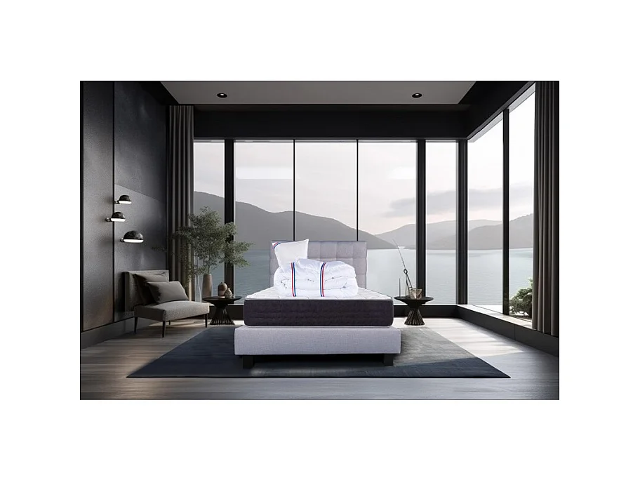 Ensemble Matelas Serenite, 27 cm, ressorts ensachés, ferme, face été/hiver+sommier gris ep20cm+oreiller+couette+Tête de Lit, 90x190cm