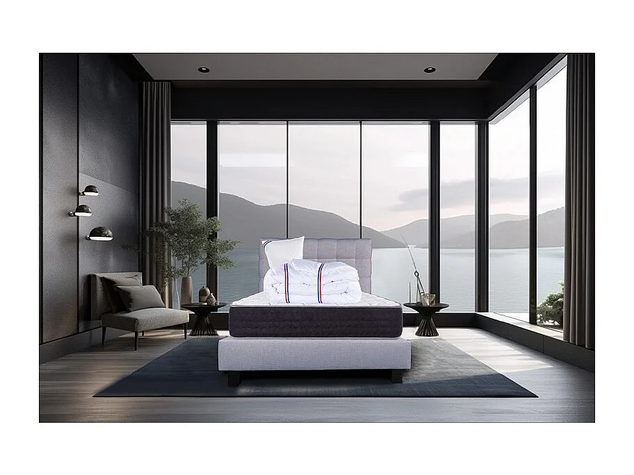 Ensemble Matelas Serenite, 27 cm, ressorts ensachés, ferme, face été/hiver+sommier gris ep20cm+oreiller+couette+Tête de Lit, 90x190cm