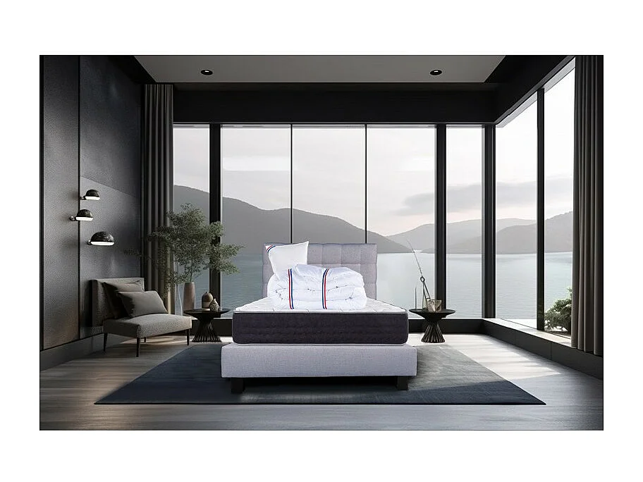 Ensemble Matelas Serenite, 27 cm, ressorts ensachés, ferme, face été/hiver+sommier gris ep20cm+oreiller+couette+Tête de Lit, 90x190cm