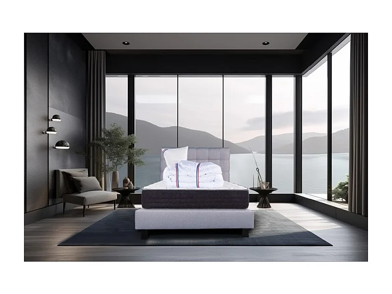 Ensemble Matelas Serenite, 27 cm, ressorts ensachés, ferme, face été/hiver+sommier gris ep20cm+oreiller+couette+Tête de Lit, 90x190cm