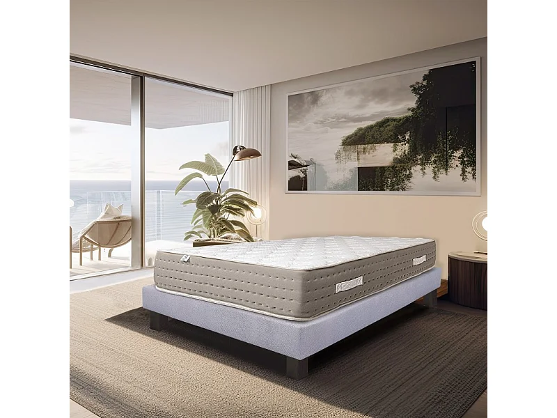 Ensemble Matelas Dreamlux, 26 cm, ressorts ensachés mousses haute densité, ferme, face été/hiver + sommier gris ep20cm, 140x200cm