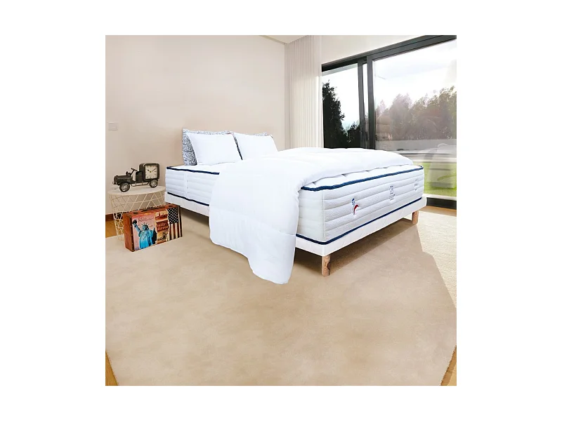 Ensemble Matelas Patriote, 27 cm, ressorts ensachés, ferme, face été/hiver + sommier blanc ep 13cm + oreiller + couette, 140x190cm