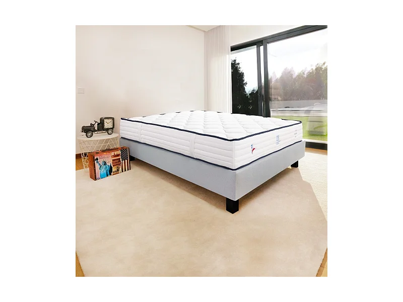 Ensemble Matelas Patriote, 27 cm, ressorts ensachés, ferme, face été/hiver + sommier gris ep20cm, 90x190cm