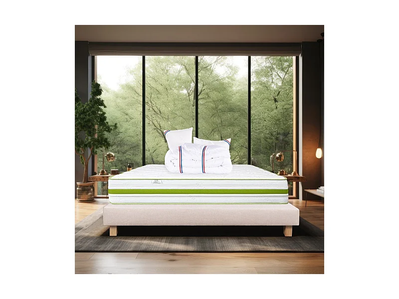 Ensemble Matelas Rêverie, 30 cm, mousses haute densité, ferme, face été/hiver + sommier beige ep20cm + oreiller + couette, 140x200cm
