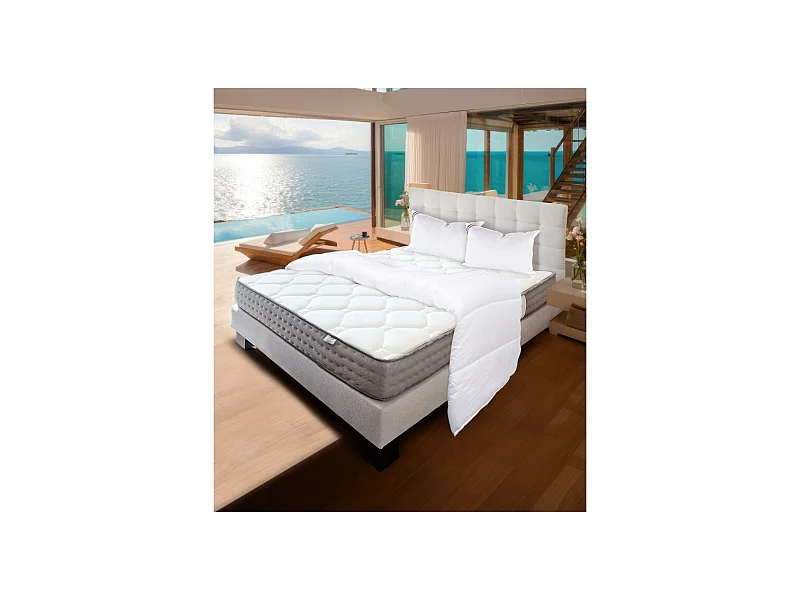 Ensemble Sommier gris (20cm) Matelas Zen (20 cm), ferme, face été/hiver,Oreiller,Couette et Tête de Lit, 160x200cm