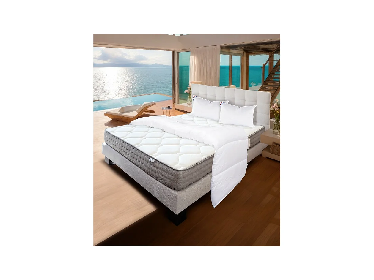 Ensemble Sommier gris (20cm) Matelas Zen (20 cm), ferme, face été/hiver,Oreiller,Couette et Tête de Lit, 160x200cm