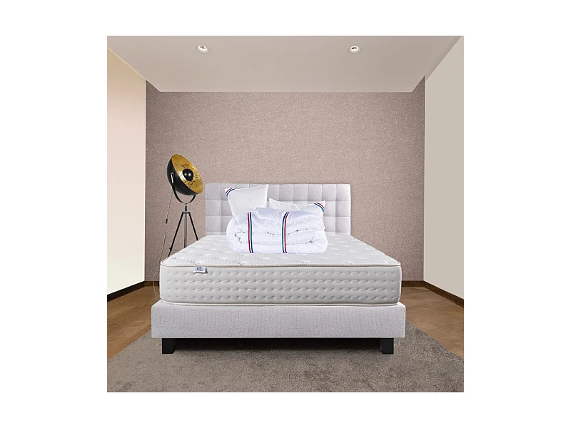 Ensemble Matelas Purlux, 26 cm, mousses haute densité, ferme, face été/hiver+sommier gris ep20cm+oreiller+couette+Tête de Lit, 140x190cm