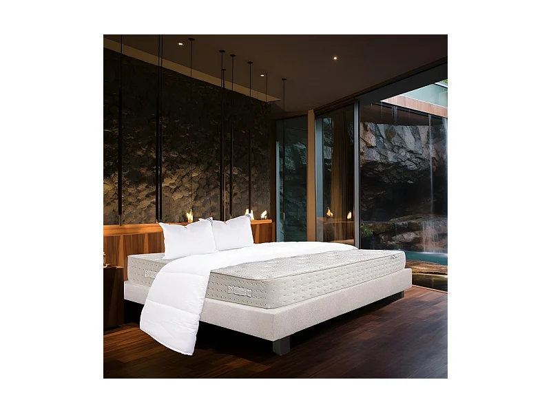 Ensemble Matelas Purlux, 26 cm, mousses haute densité, ferme, face été/hiver + sommier gris ep20cm + oreiller + couette, 160x200cm