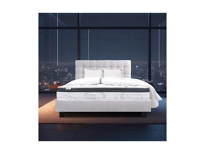 Ensemble Matelas Sleeplux, 26 cm, mousses haute densité, ferme, face été/hiver+sommier gris ep20cm+oreiller+couette+Tête de Lit, 140x190cm