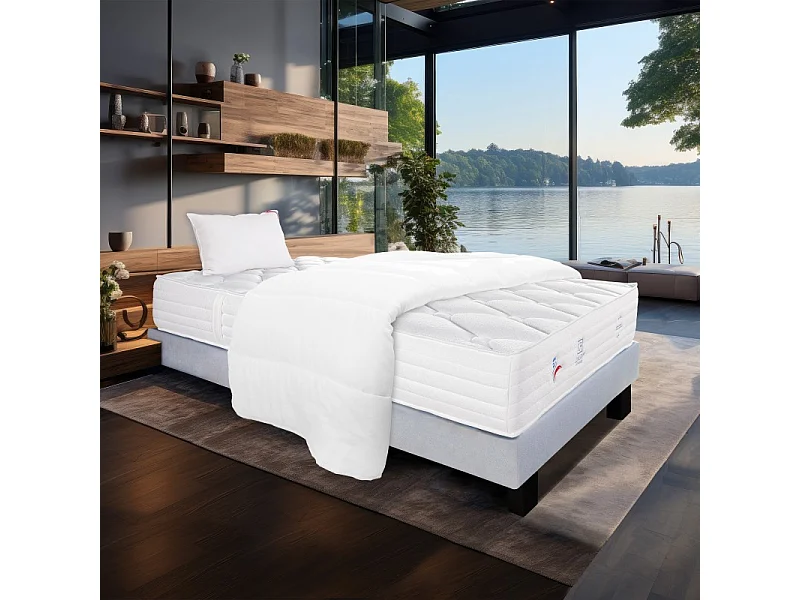 Ensemble Matelas Patriote Mousse, 27 cm, mousses haute densité , ferme, face été/hiver+sommier gris ep20cm+oreiller+couette, 90x190cm