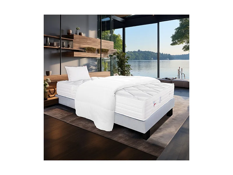 Ensemble Matelas Patriote Mousse, 27 cm, mousses haute densité , ferme, face été/hiver+sommier gris ep20cm+oreiller+couette, 90x190cm