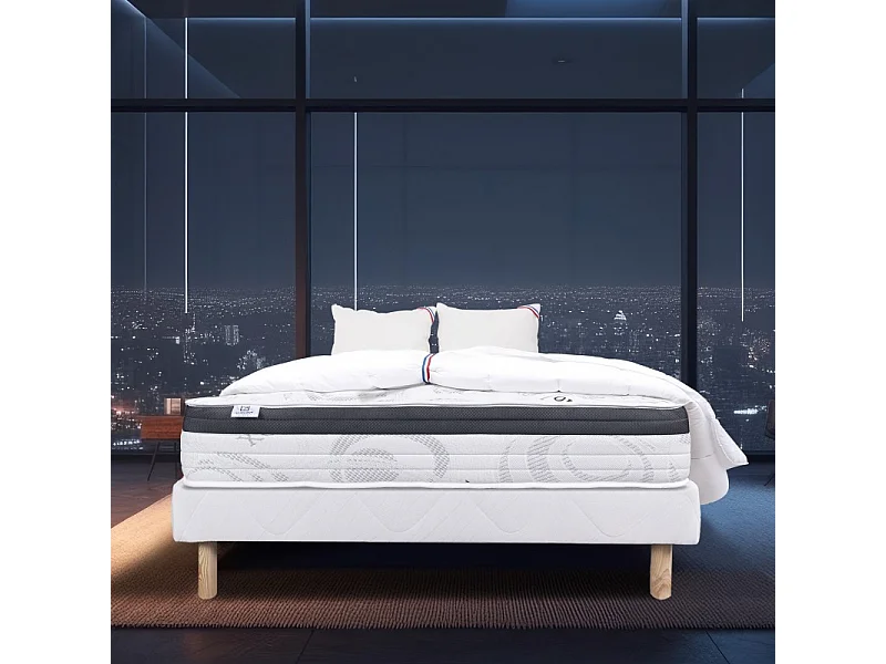 Ensemble Matelas Sleeplux, 26 cm, mousses haute densité, ferme, face été/hiver + sommier blanc ep 13cm + oreiller + couette, 140x200cm