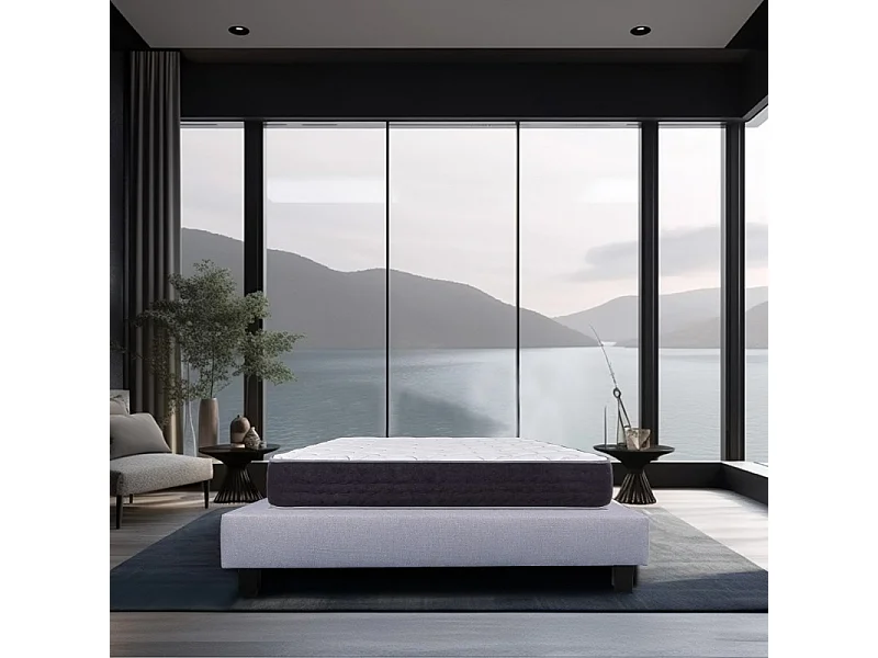 Ensemble Matelas Serenite, 27 cm, ressorts ensachés, ferme, face été/hiver + sommier gris ep20cm, 140x190cm