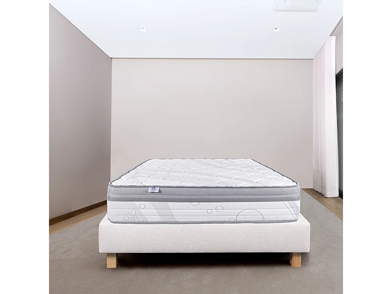 Ensemble Matelas ViscoPlus, 26 cm, mousses haute densité, ferme, face été/hiver + sommier beige ep20cm, 90x190cm