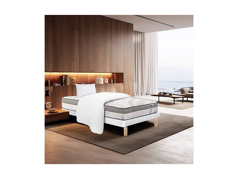 Ensemble Matelas ViscoPlus, 26 cm, mousses haute densité, ferme, face été/hiver + sommier blanc ep 13cm + oreiller + couette, 90x190cm