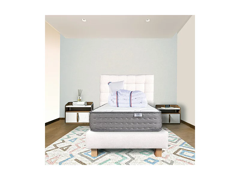 Ensemble Complet Matelas Zen (20 cm),Tête de lit,Sommier (20cm),Oreiller et Couette, 90x190cm