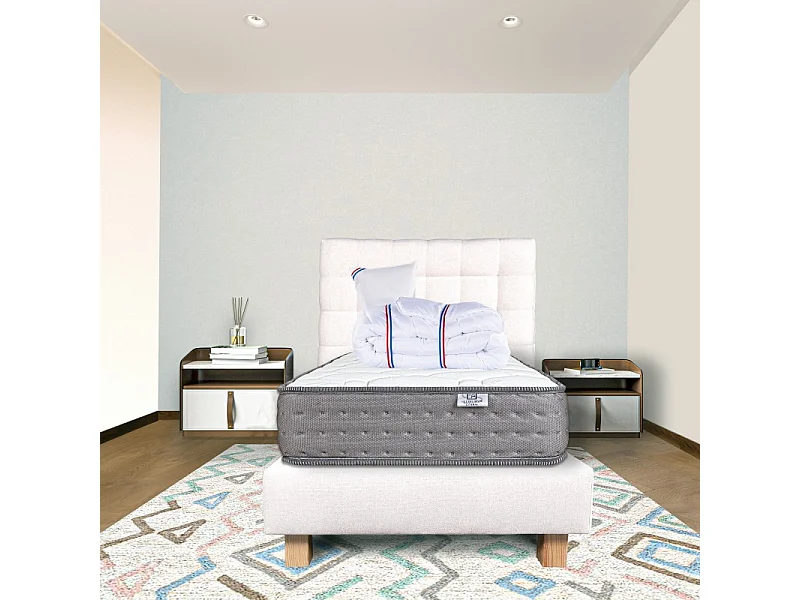 Ensemble Complet Matelas Zen (20 cm),Tête de lit,Sommier (20cm),Oreiller et Couette, 90x190cm