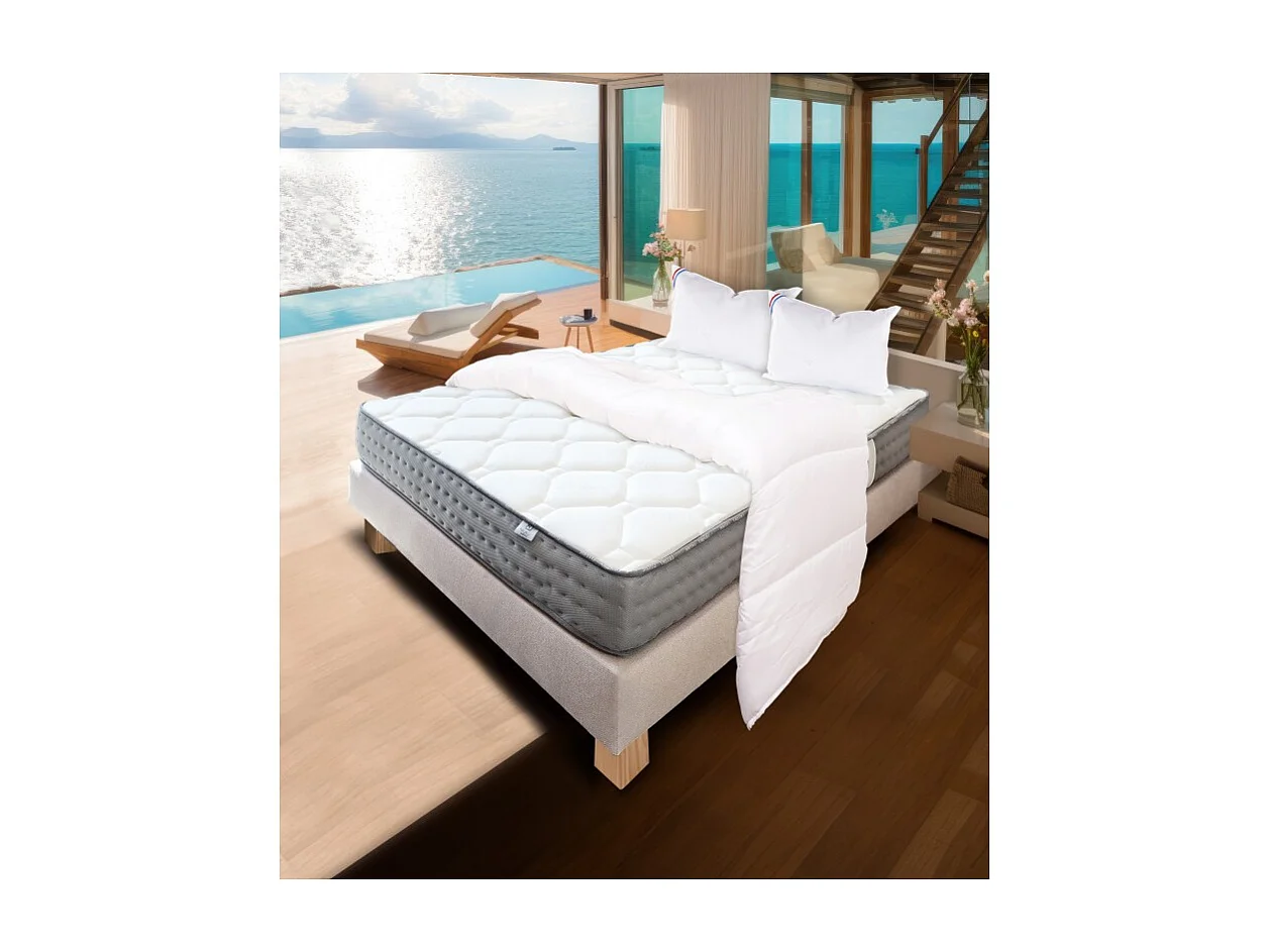 Ensemble Matelas Zen (20 cm), ferme, face été/hiver,Sommier beige (20cm), Oreiller et Couette, 140x200cm