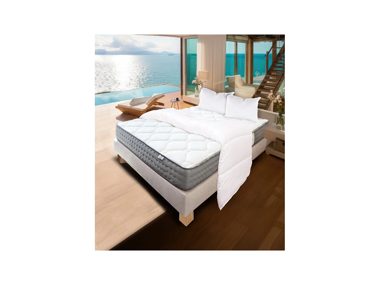 Ensemble Matelas Zen (20 cm), ferme, face été/hiver,Sommier beige (20cm), Oreiller et Couette, 140x200cm