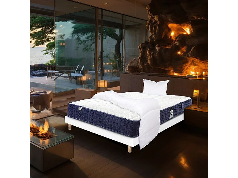 Ensemble Matelas Nuage (24cm), Sommier (13cm), Oreiller et Couette -mousse haute densité, mi-ferme, face été/hiver, 90x190cm