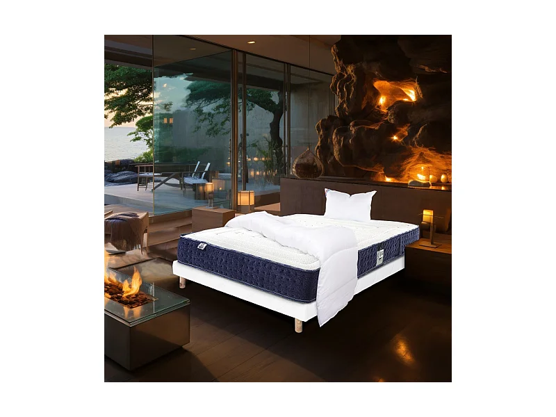 Ensemble Matelas Nuage (24cm), Sommier (13cm), Oreiller et Couette -mousse haute densité, mi-ferme, face été/hiver, 90x190cm