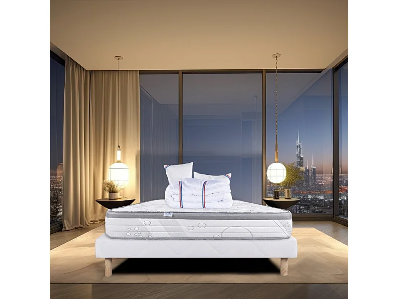 Ensemble Matelas Relaxation, 26 cm, ressorts ensachés, ferme, face été/hiver + sommier blanc ep 13cm + oreiller + couette, 140x200cm