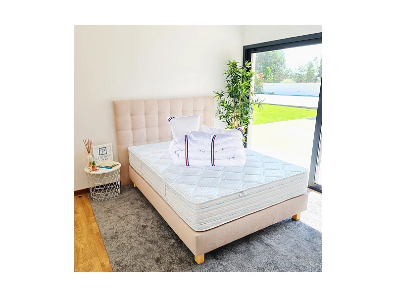 Ensemble Matelas Thermotec (24 cm) ferme, face été/hiver ,Tête de Lit, Sommier (20cm), Couette et Oreiller, 140x200cm