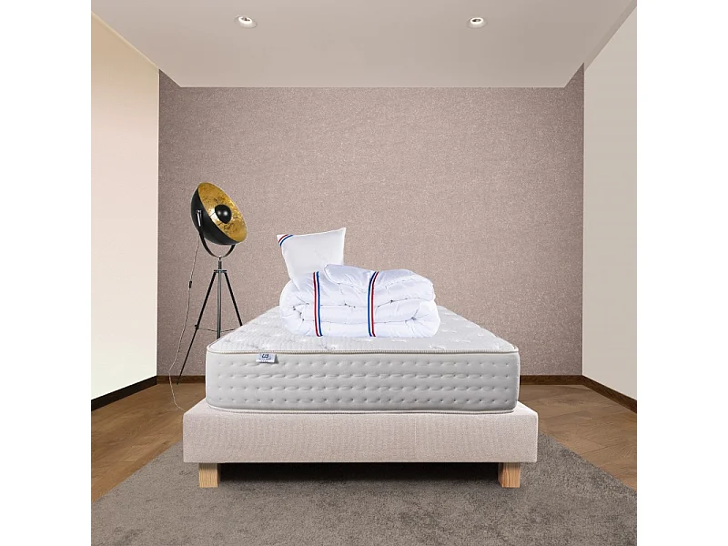 Ensemble Matelas Purlux, 26 cm, mousses haute densité, ferme, face été/hiver + sommier beige ep20cm + oreiller + couette, 90x190cm