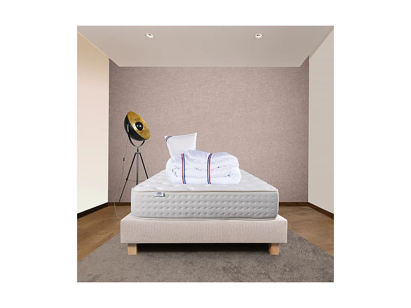 Ensemble Matelas Purlux, 26 cm, mousses haute densité, ferme, face été/hiver + sommier beige ep20cm + oreiller + couette, 90x190cm
