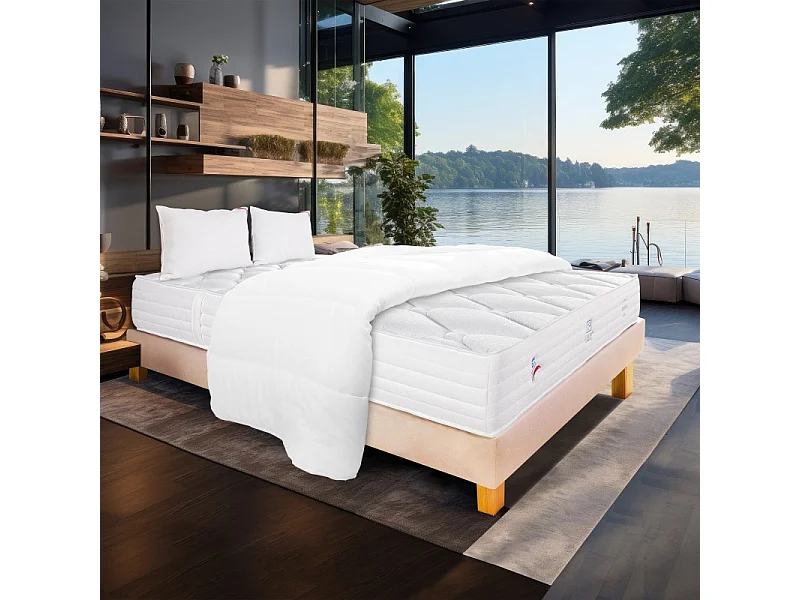 Ensemble Matelas Patriote Mousse, 27 cm, mousses haute densité , ferme, face été/hiver+sommier beige ep20cm+oreiller+couette, 140x190cm