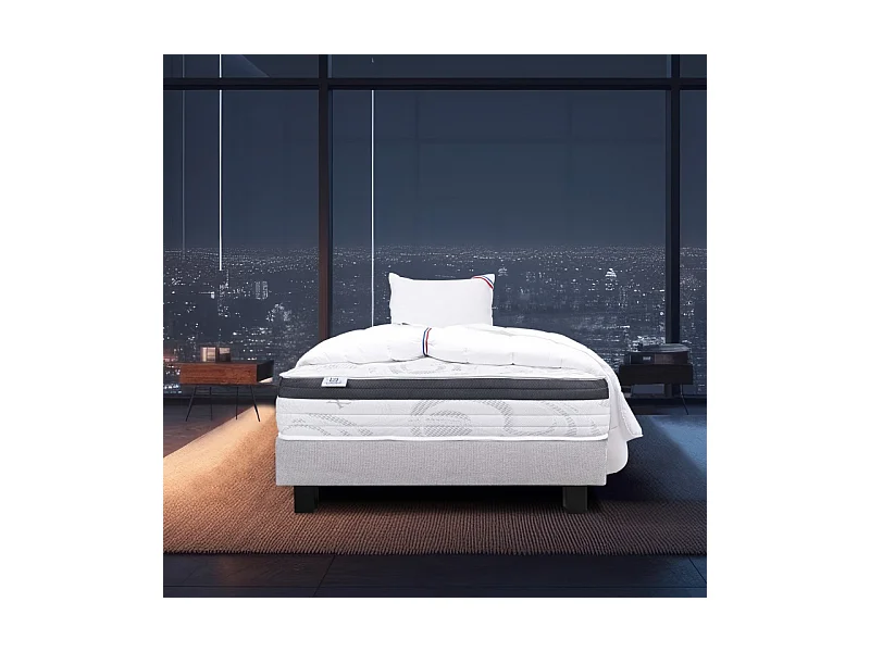 Ensemble Matelas Sleeplux, 26 cm, mousses haute densité, ferme, face été/hiver + sommier gris ep20cm + oreiller + couette, 90x190cm