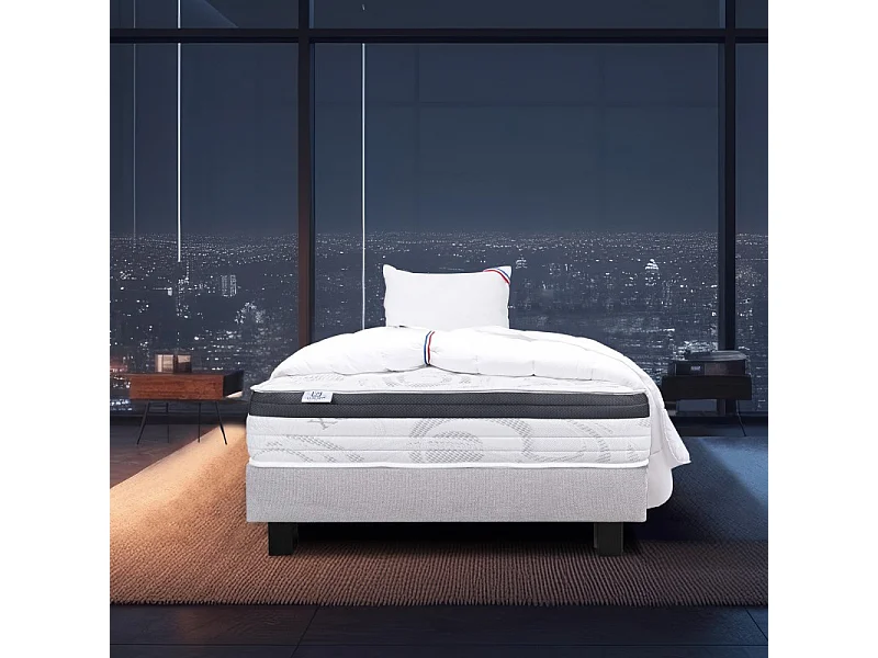 Ensemble Matelas Sleeplux, 26 cm, mousses haute densité, ferme, face été/hiver + sommier gris ep20cm + oreiller + couette, 90x190cm